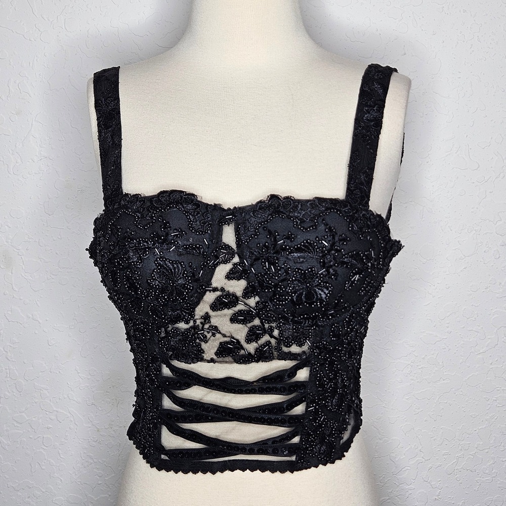 Vintage Fashion Fantasy Black Beaded Corset Top Floral Embroidered Bustier Mesh